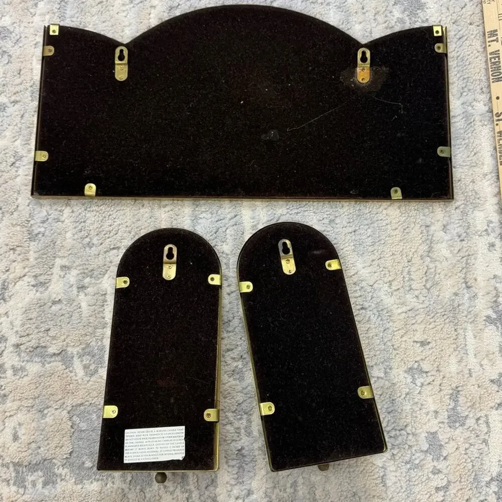 Vintage Gold Tone Mirror & Candle Wall Sconces 3-Piece Regency Set